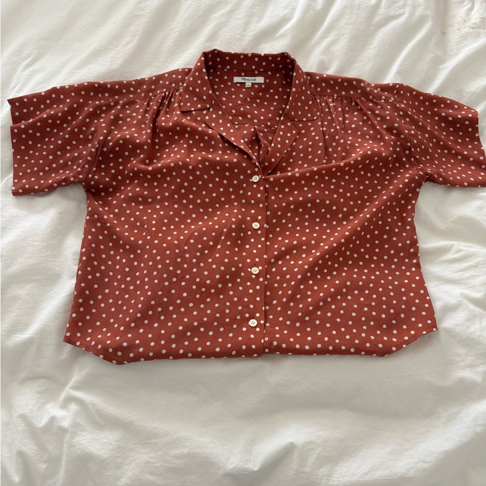 Madewell Polka Dot Short Sleeve Button-Up Blouse - Rust with White Dots